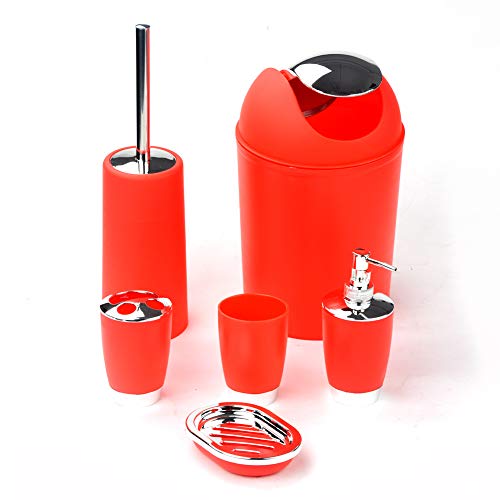 WOOPOWER 6pcs Bathroom Accessories Set, Including Toothbrush Holder, Waste Bin, Soap Dish, Toilet Brush, Rinse Cup, Sprayer Bottle, for Home, Office, Apartment, Hotel etc (Red)