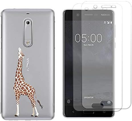 Reshias Nokia 7.1 Case, Phone Case Transparent Clear Soft Gel TPU Silicone Back Cover Bumper for Nokia 7.1 Smartphone (Giraffe) with (2 Pack) Tempered Glass Screen Protector