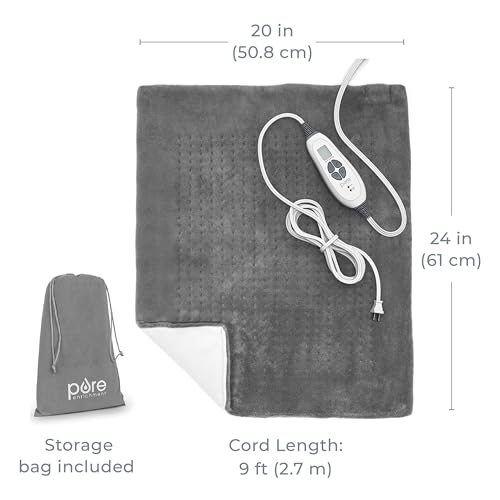 Pure Enrichment PureRelief Ultra-Wide Microplush Heating Pad - 20” x 24” XXL Size & 6 Heat Settings for Temporary Neck, Shoulder & Back Pain Relief - Moist Heat Option & Machine Washable (Gray)