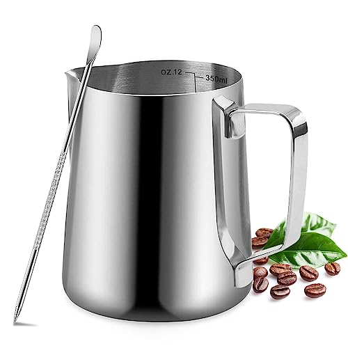 Milk Frothing Pitcher, 350ml/600ml (12oz/20oz) Milk Frother Cup Stainless Steel Jug Steaming Pitcher, Milk Coffee Cappuccino Latte Art Barista Steam Pitchers Milk Jug Cup with Decorating Pen