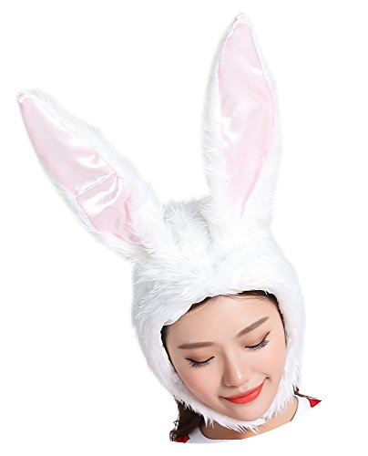 ADJOY White Plush Rabbit Ear Bunny Hat for Girls Women Halloween Role Play Rabbit Animal Party Hat with Soft Wire Frame Inside for Making Shape