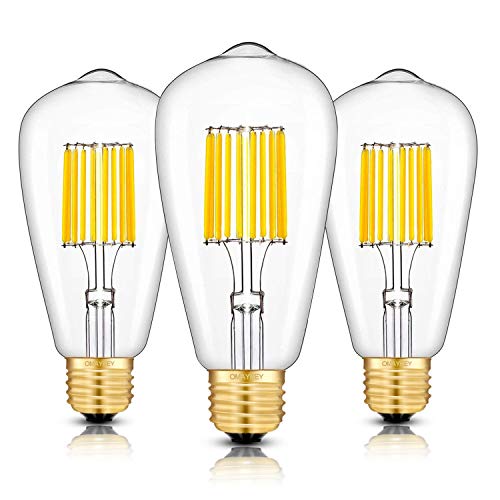 OMAYKEY 10W Dimmable LED Edison Bulb 3000K Soft White Glow, 100W Equivalent 1000 Lumens, E26 Medium Base Vintage ST64 Edison Style Clear Glass LED Filament Light Bulb, Deep Dimming Version, 3 Pack