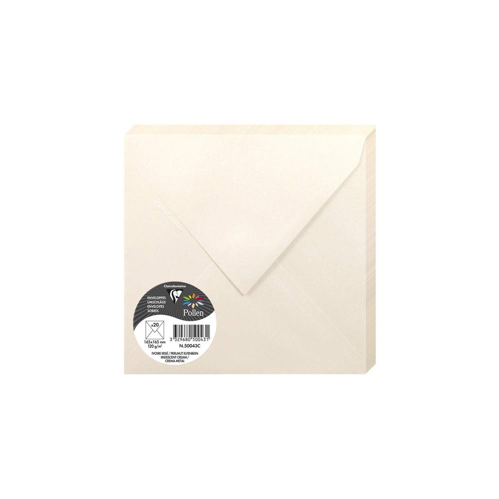 Clairefontaine 50043C Iridescent Cream Paper Pack of 20 Gummed Envelopes Square(16.5x16.5cm)120gsm Invitation Events Correspondence Pollen Range Premium Smooth