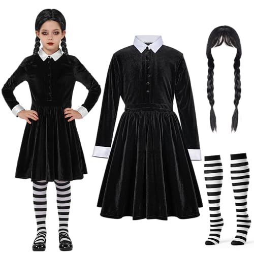 Spooktacular Creations Girls Collar Black Dress, School Girl Costume with Wig, Skater Dress for Toddler Halloween Cosplay
