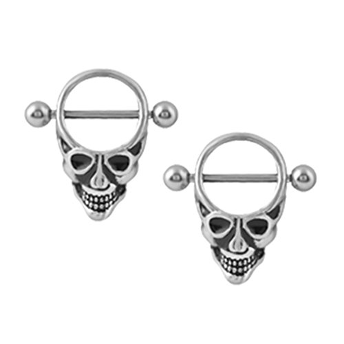 SunniMix 2 Pairs Punk Gothic Skeleton Shield Nipple Ring Stainless Seel Teeth Head Halloween 14g 18g