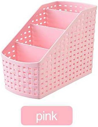 Multifunctional Plastic Desk Organizer Storage Box Case Pen Pencil Holder Imitation Rattan Narrow Type 4-Compartment Pink