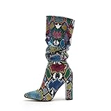 wetkiss Colorful Snakeskin Boots Mid-Calf Boots Thick High Heels Pointed Toe Zipper Slouch Boots Snake