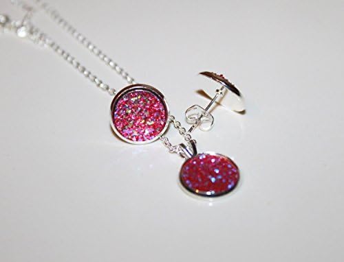 Silver Plated Glitter Clear Pink Druzy Necklace &amp; Stud Earrings Jewelry / 12 mm, Bridesmaid set of 3, 4, 5, 6, 7, 8, 9, 10 Gift for her