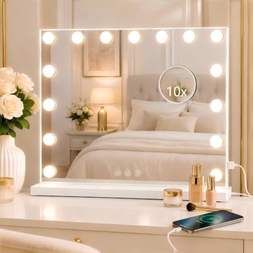 Hcosmy Vanity Mirror with Lights Lighted Makeup Mirror with 15 Dimmable LED Bulbs,3 Color Lighting Modes,USB Charging Port Touch Control,Sturdy Metal Frame Design 24x18 Inch