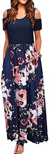 Staresen Women Maxi Dress, Women' Cold Shoulder Pocket Floral Print Elegant Maxi Short Sleeve Casual Dress Women's Short Sleeve Off Shoulder Print Beach Dress Pocket Maxi Dress Navy