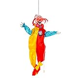 Halloween Haunters Animated Hanging 2 Foot Scary Circus Clown with Moving Arms Prop Decoration - Spooky Laughs, Flashing LED Eyes - Battery Operated