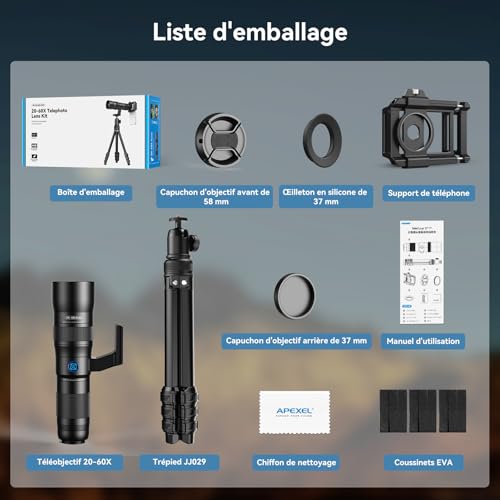 Evil Eye Zoom Telephoto Lens 20-60X High Magnification/High Quality with Tripod Perfect for School Shows/Sports Days/Observation/Concerts