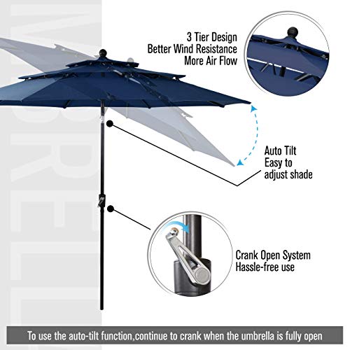 PHI VILLA 10ft 3 Tier Autotilt Patio Umbrella Outdoor Double Vented