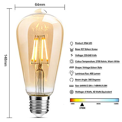 Zorara E27 ST64 Edison gloeilamp, 3 stuks Edison Vintage gloeilampen, 4W 220V dimbare Edison LED-lamp, warm wit antieke… - Afbeelding 5