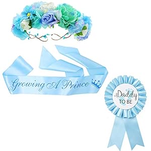 “Growing a Prince” Sash & Flower Crown & Daddy to be Button Pin Kit – Baby Shower Sash Prince Baby Boy Shower Baby Sprinkle (Blue)