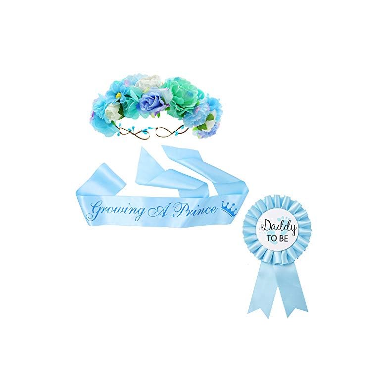“Growing a Prince” Sash & Flower Crown & Daddy to be Button Pin Kit – Baby Shower Sash Prince Baby Boy Shower Baby Sprinkle (Blue)