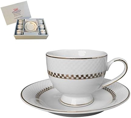 Cups &amp; Saucers Cappuccino, Coffee, Tea, White Fine China Porcelain With Double Gold Or Silver Embossed Design 12 Pc Set (GOLD)