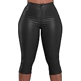 Zebaexf Leather Capri Pants for Women Casual Stretch Black High Waisted Crop Leggings with Pockets Faux PU Leather Pants