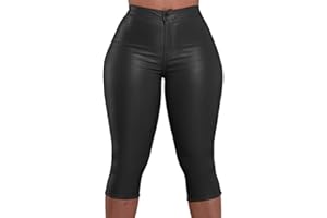 Zebaexf Leather Capri Pants for Women Casual Stretch Black High Waisted Crop Leggings with Pockets Faux PU Leather Pants