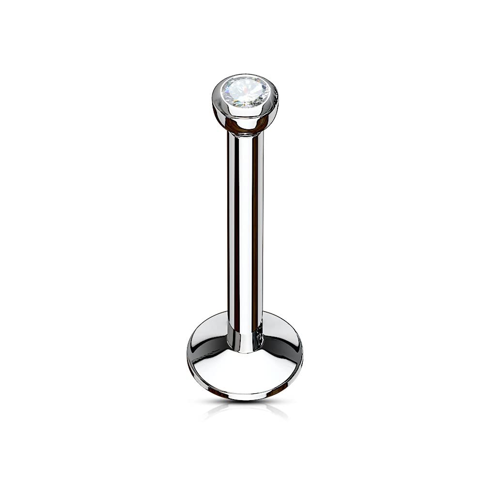 PiercedOff 316L Surgical Steel 1mm Labret with 2mm Clear CZ Gem Ball - Bar Length 4mm