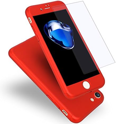 iPhone 8 Case, Coocolor 360 Degree All-Around Ultra Thin Full Body Coverage Protection Dual Layer Hard Slim Case + Tempered Glass Screen Protector for iPhone 8-Red