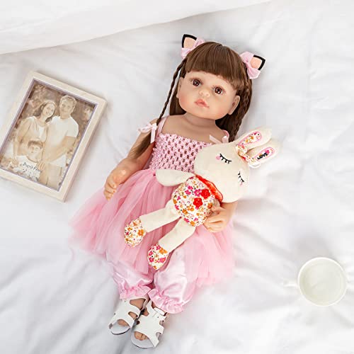 Bebê Reborn Boneca Menina Corpo de Silicone 55cm Olhos Castanhos Pode Dar Banho com Acessórios Presentes para Meninas