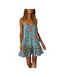 AELSON Vestido de playa de verano con cuello en V y tirantes de espaguetis con estampado floral para mujer