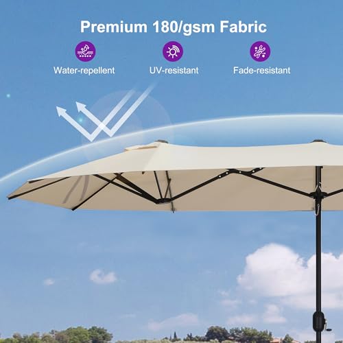 PURPLE LEAF 15ft Double-Sided Rectangle Patio Market Umbrella with Base, Crank Lift, 12 Black Heavy-Duty Ribs – Outdoor Sunshade for Pool, Beach, Deck, and Backyard Beige