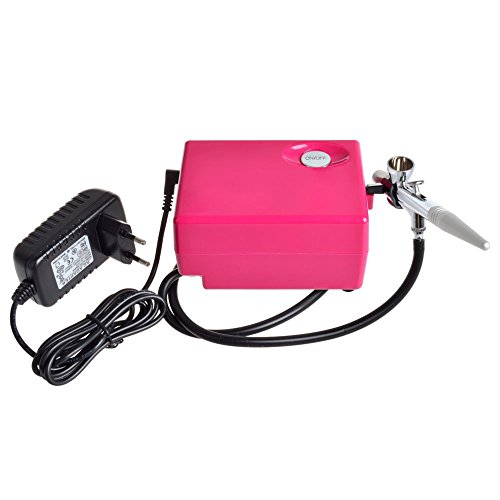 Enshey Airbrush Makeup Machine Airbrush Compressor Airbrush Cosmetic Makeup System Kit with 0.4mm 2cc Airbrush Spray Gun Air Compressor Kit Spray Tattoo Nail Face Body Art Paint, Pink (Pink) (Pink)