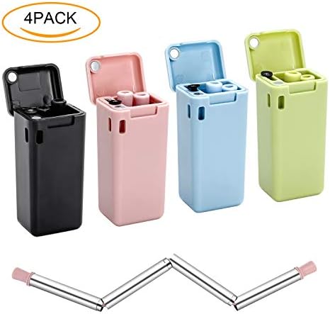4 Pack Collapsible Reusable Straw, Stainless Steel Drinking Straws with Hard Case and Cleaning Brush for Party Travel Outdoor (Black/Pink/Blue/Green)