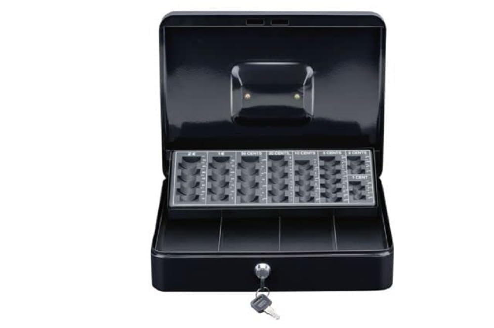 BLACK+DECKER 4 Compartment Cash Box with Coin Sorter - 30.5 x 8.5 x 24 cm - Includes 2 Keys - Metal - Black