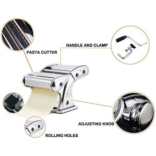 Shule Pasta Maker Stainless Steel Steamline Pasta Roller Machine Includes Pasta Cutter Hand Crank Attachments,Silver