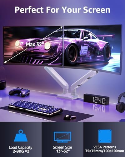 EV6012W - suporte de 2 monitores para ecrãs de 13 a 32 polegadas, suporte de 2 monitores de 2 a 9 kg com VESA 75/100 mm, braço a gás com inclinação, rotação, cor branca