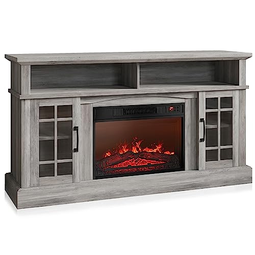 BELLEZE Traditional 58 Inch Rustic TV Stand with 23 Inch Electric Fireplace & Media