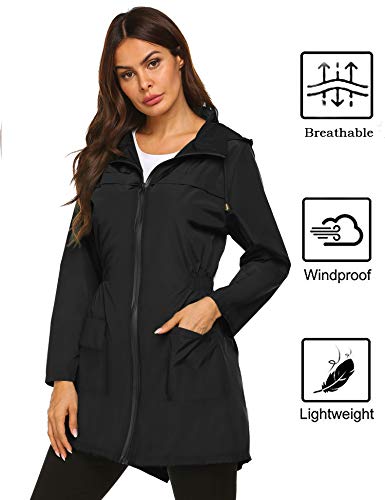 Besshopie Women Raincoat with Hood Waterproof Lightweight Quick Dry Rain Jackets Black