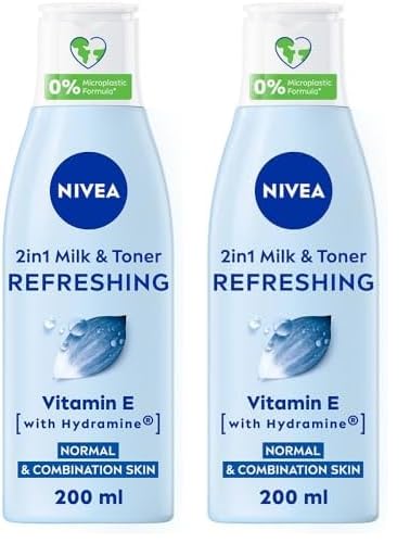 NIVEA 2-in-1 Refreshing Milk & Toner (200ml), Face Cleanser with Vitamin E and Hydramine, Deeply Cleanses, Tones, and Intensively Moisturises Skin, Make-Up Remover (Pack of 2)