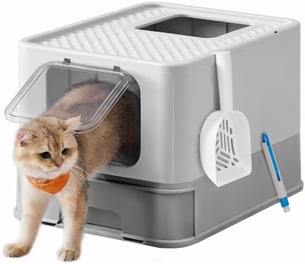 Arenero para Gatos, Caja Arena con Bandeja Extraíble, Pala, Cepillo, Espacioso para Gatos Grandes, Carga de 15 kg, Antifiltración, Antiescapes, Gris Claro y Gris Paloma PPT001GD03