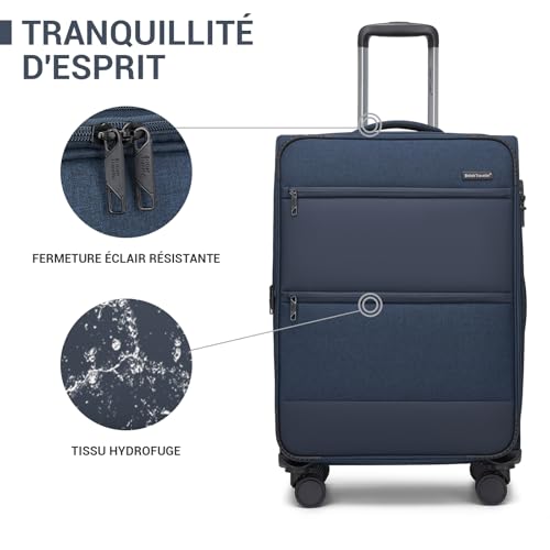 British Traveller Large Luggage Suitcase, 79.5 x 49 x 32.5 cm, 100 L, Soft and Expandable Suitcase (+3.5 cm) – Lightweight and Durable with 4 Silent 360° Wheels and TSA Lock, Navy