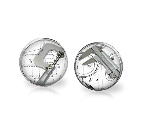 Drafting Tools Stud Earrings Stainless Steel 12mm Hypoallergenic - Glass Top - Thumbnail 2