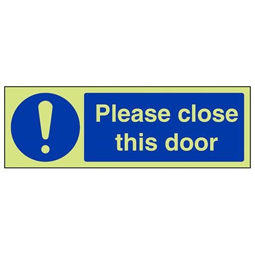 V Safety Glow In The Dark Please Close This Door Sign - 600mm x 200mm - Self Adhesive Vinyl