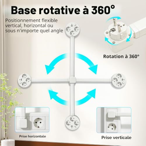 Extending Socket Extension Cord (47-67 cm), Extendable Power Strip with 3 AC Power Ports, 1 USB-C and 1 Typ-C, 360° Swivel Extendable Socket for Kitchen, Living Room, Office, Max Load 1500W