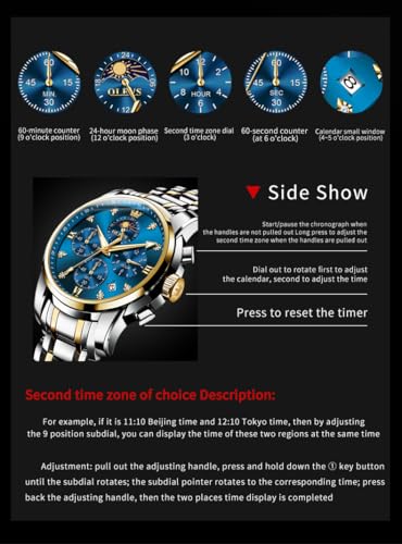 OLEVS Watch for Men Diamond Business Dress Analog Quartz Stainless Steel Waterproof Luminous Date Two Tone Luxury Casual Wrist Watch Blue
