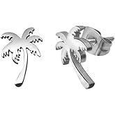 RUIZHEN Stainless Steel Tiny Beach Palm Tree Stud Earrings Summer Vacation Jewelry