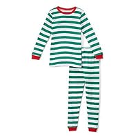Elowel Christmas 2 Piece Pajamas Set 100% Cotton Boys Kids Green White Stripes 5Y
