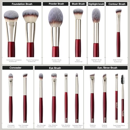 BEILI 15-Piece Makeup Brush Set, Professional Makeup Brushes for Liquid, Cream & Powder Eyeshadow, High-Density Bionic Bristles Vegan Cosmetic Brushes, Premium Burgundy Red