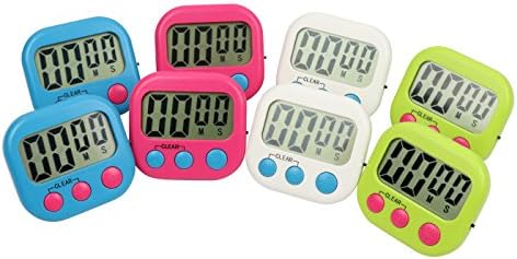 Digital Kitchen Timer Set Small 8 Pack Multi-Purpose/Multi-Function/Retractable Stand/Magnetic with Variety of Bright Colors (White, Blue, Green, and Pink)