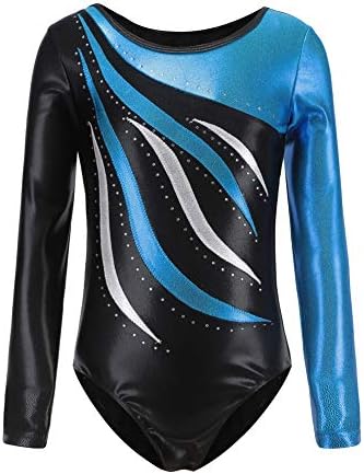 Gsha Girls Long Sleeve Gymnastics Leotards Shiny Waves Metallic Bodysuit Athletic Ballet Dancing Outfit