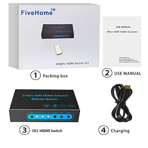 4K@60Hz HDMI Switch FiveHome 3 in 1 Out HDMI Switcher with IR Remote Support Auto Switch HDR HDCP 2.2 Dolby Vision1080P 3D