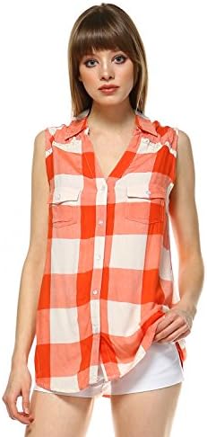 Carrie Allen Women's Plaid Sleeveless Shirt Button Front Orange (Medium)