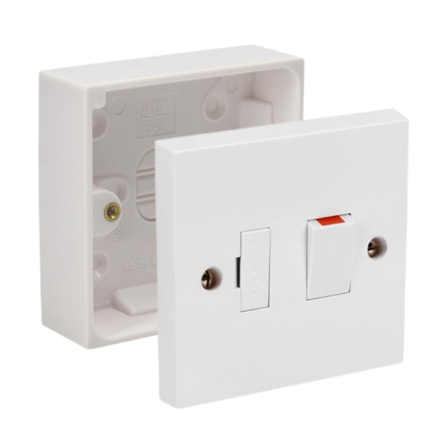 Switched Fused Spur Side Flex 13Amps White Electrical Connection Unit - Optional Neon Indicator, Single 25/35/45mm Pattress Back Box Surface Mounted 1 Gang (Switched Fused Spur SET with 25mm Box)